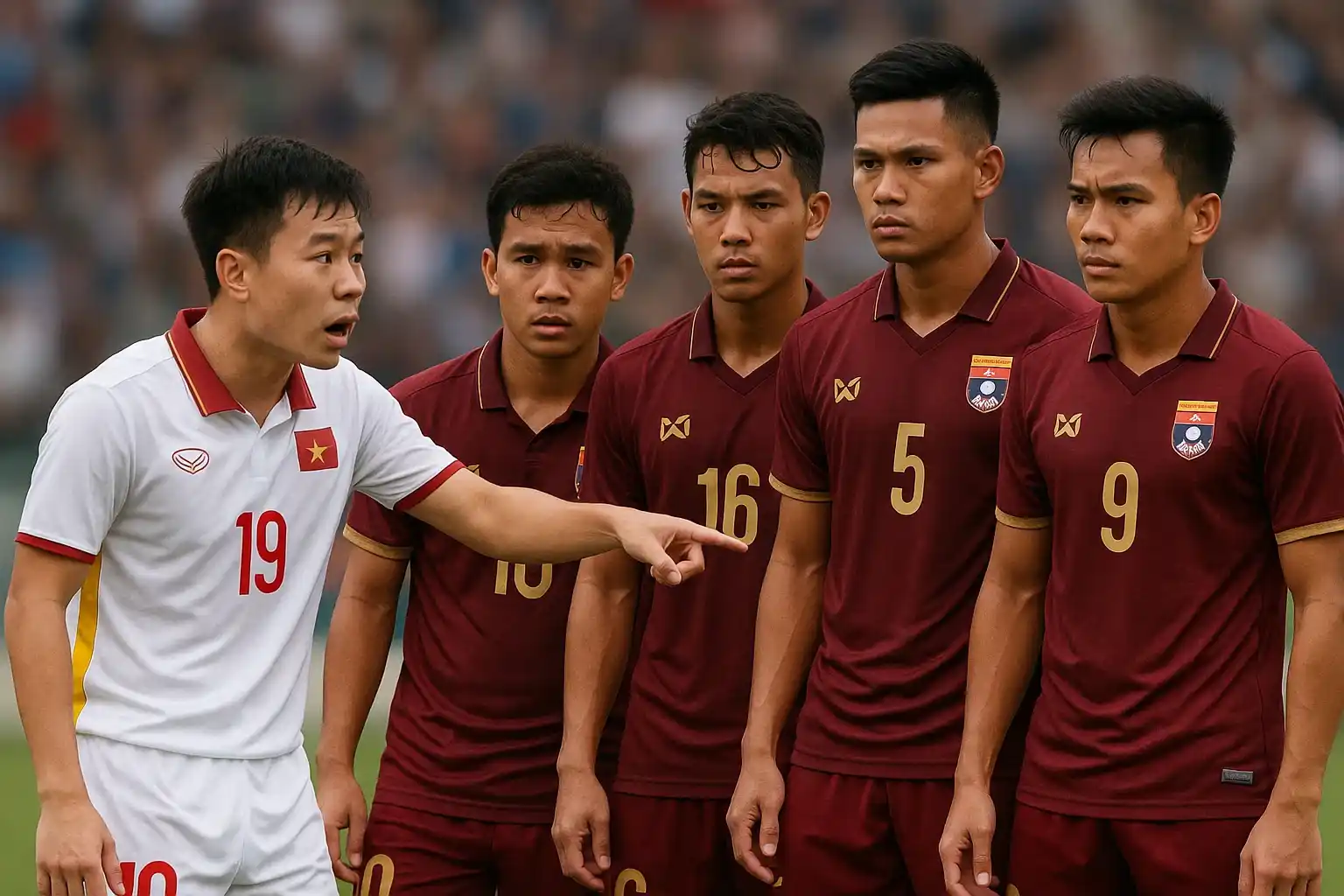 Các cầu thủ Lào tập trung phòng ngự sau khi nghe phát biểu của Văn Khang