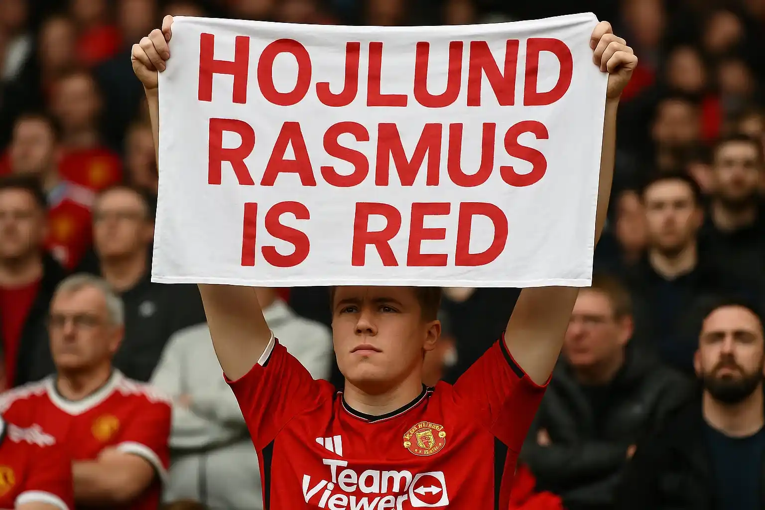 Người hâm mộ MU giơ biểu ngữ ủng hộ Hojlund